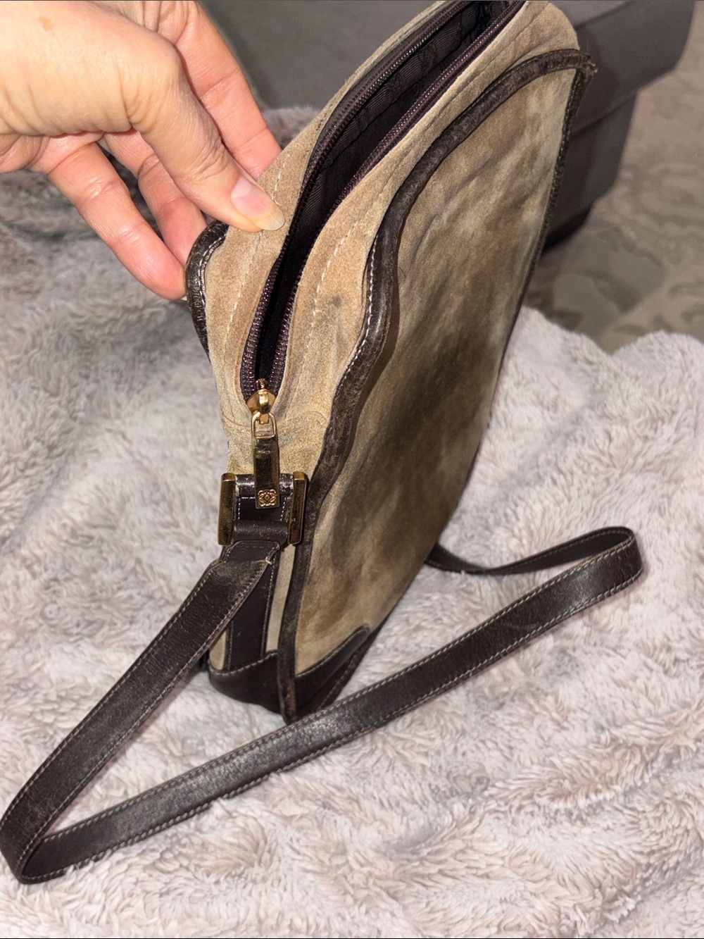 Loewe Tan Suede Crossbody Bag with Dark Brown Leather Trim